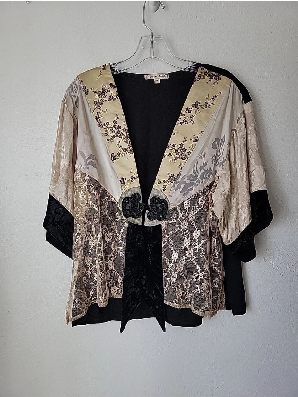 Spencer Alexis Floral-Trim Kimono Cardigan - Black & Cream